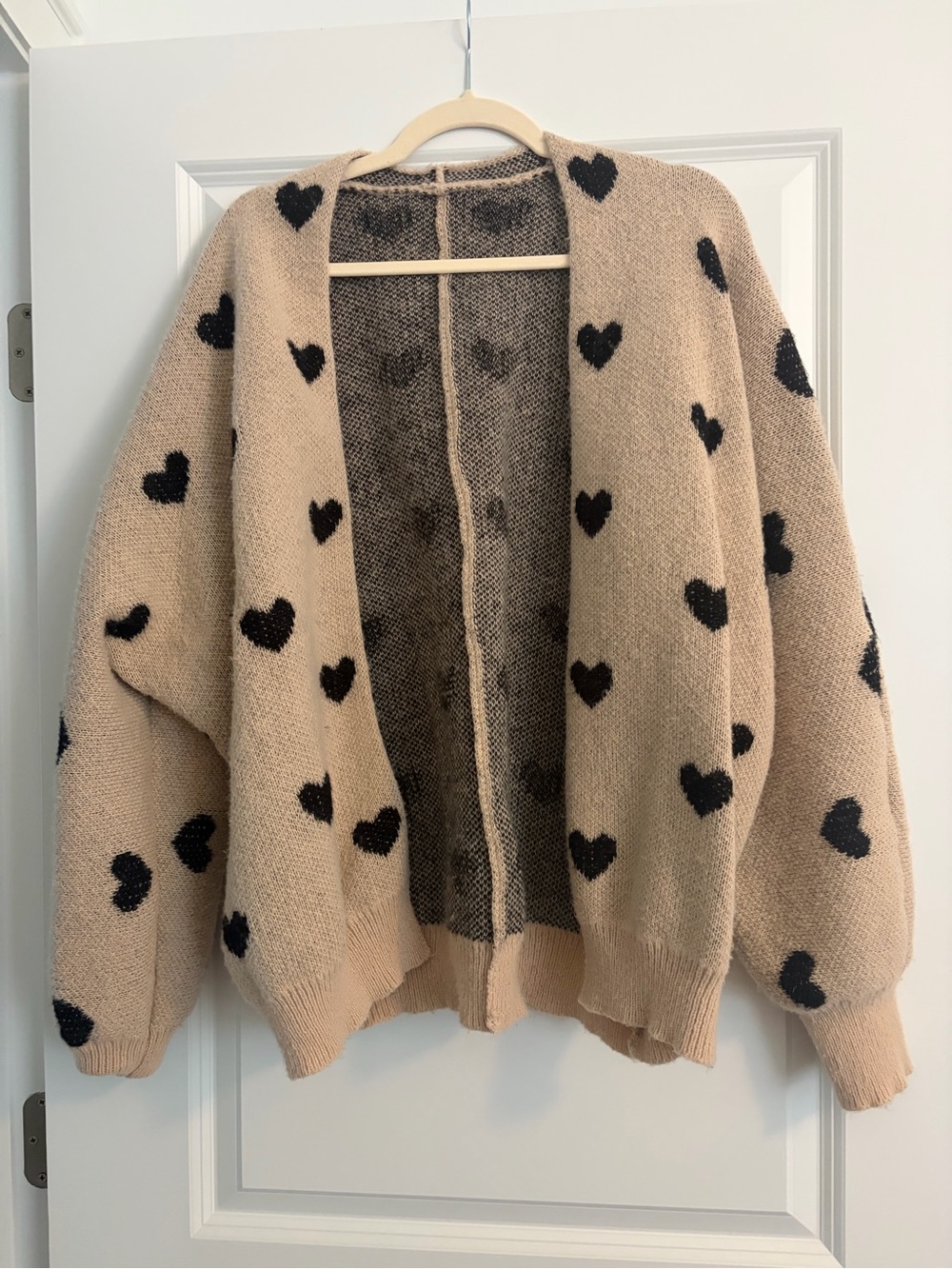 Beige Heart Pattern Open Cardigan Sweater